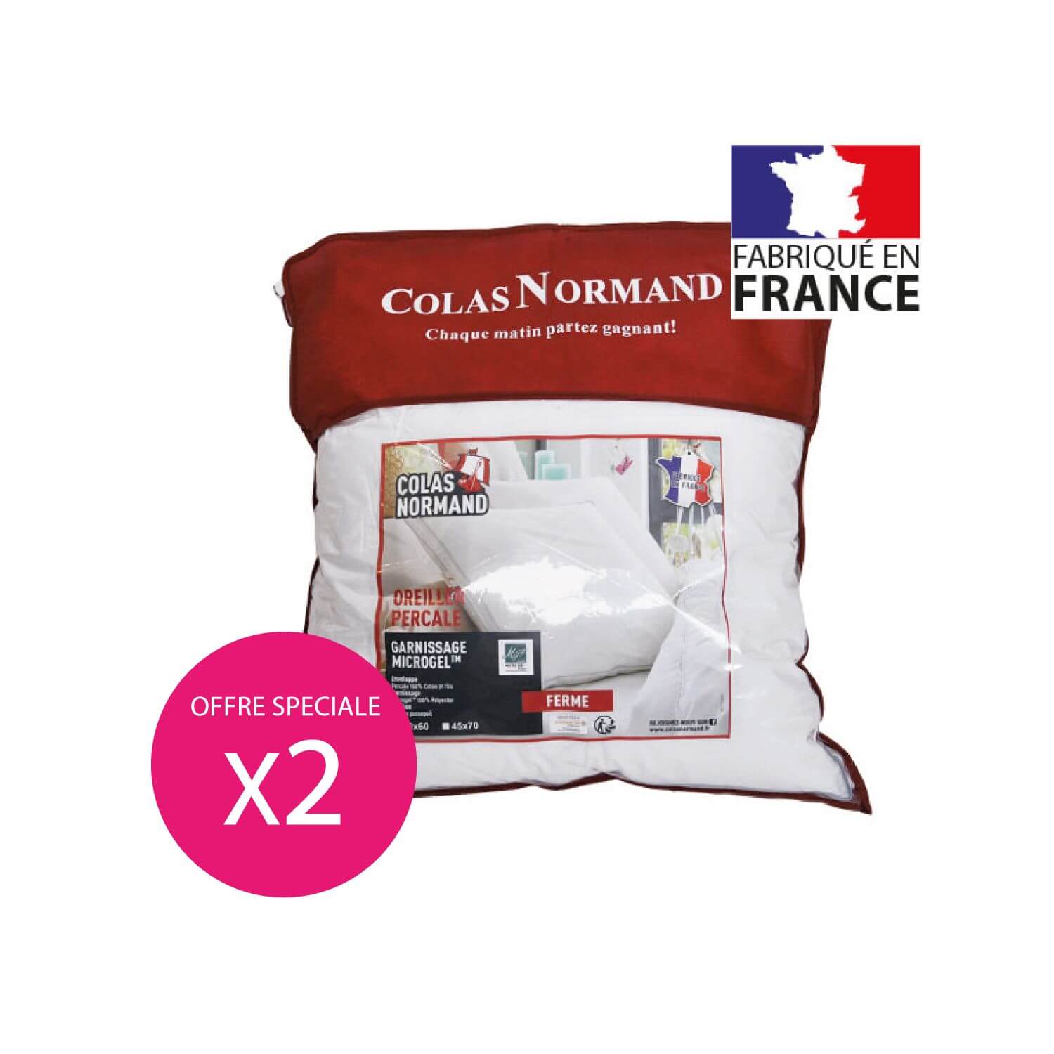 Lot : 2 Oreillers percale de coton microgel - 60 x 60 cm - Made in France