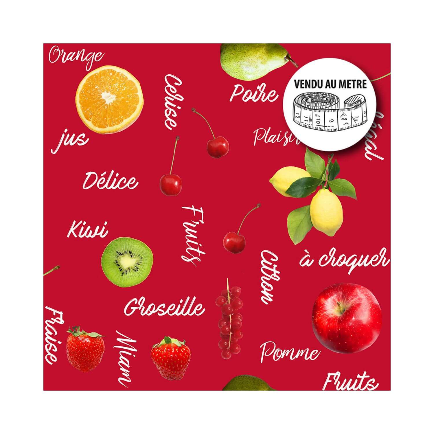 Toile cirée au mètre - Largeur 140 cm - Fruits sur fond rouge