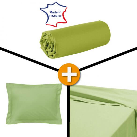 Lot : Drap housse 90 x 190 cm + Drap plat 180 x 290 cm + Taie 50 x 75 cm - Vert