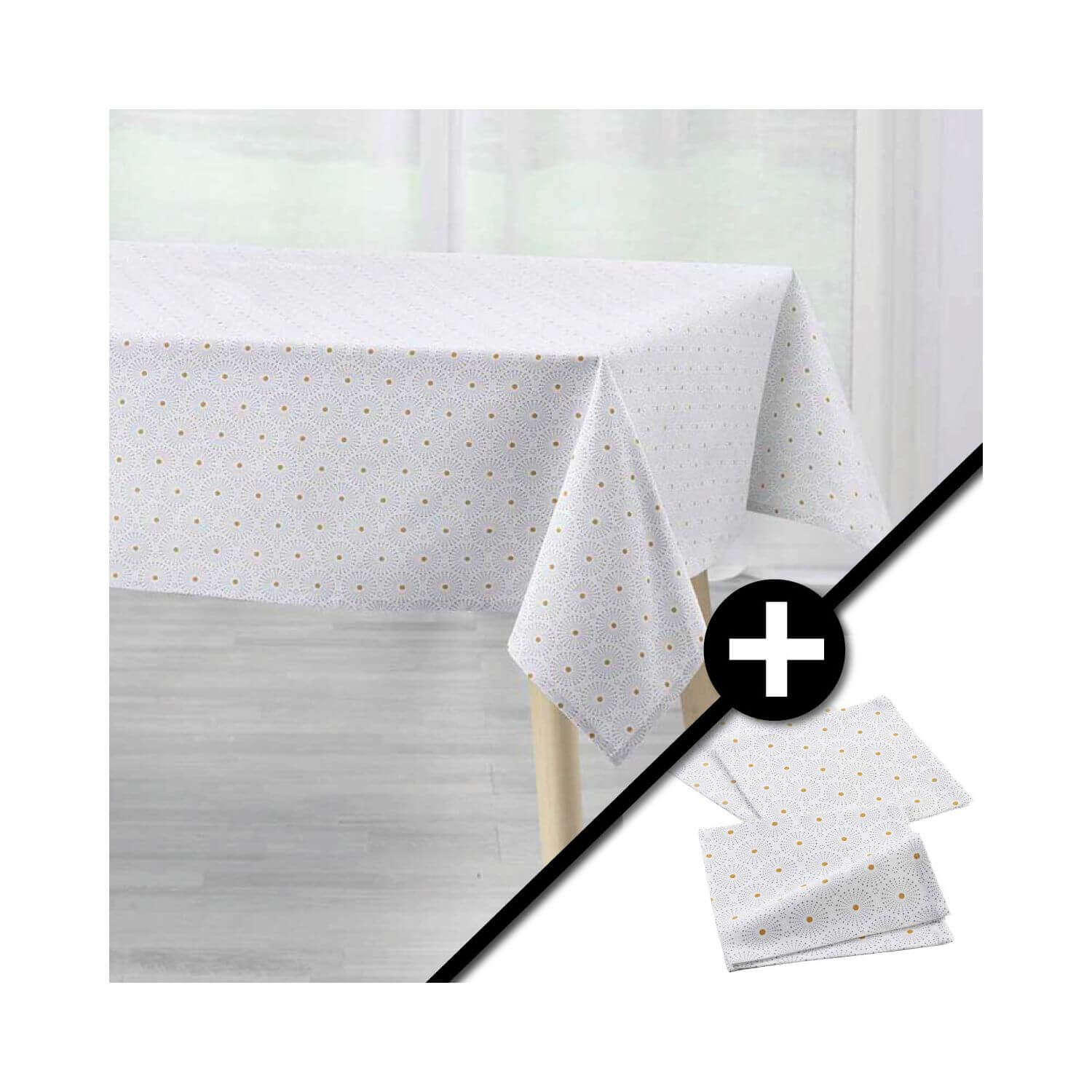 Lot : Nappe rectangulaire 140 x 240 cm + Lot de 3 serviettes de table 40 x 40 cm - Coton - Feux d'artifices