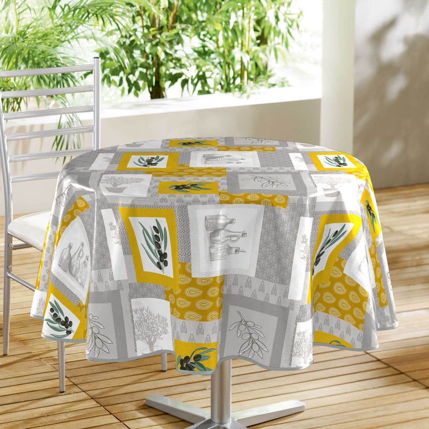 Nappe toile cirée ronde -Diamètre 160 cm - Olives et motifs graphiques