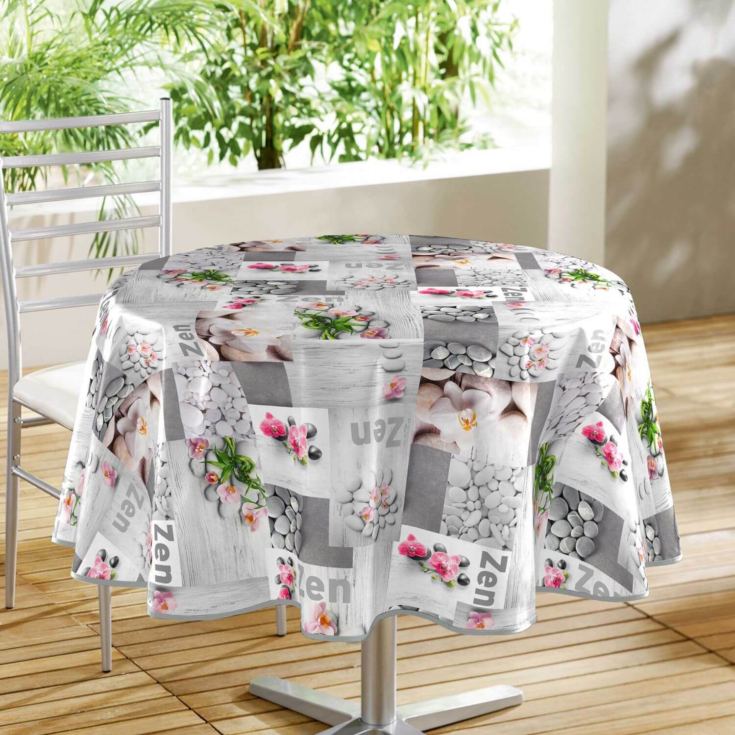 Nappe toile cirée ronde - Diamètre 160 cm - Zen, galets et orchidées