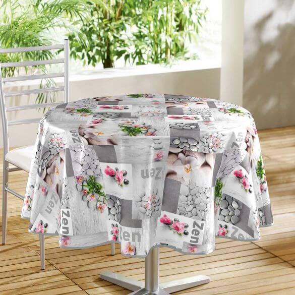 Nappe toile cirée ronde -Diamètre 160 cm - Zen, galets et orchidées