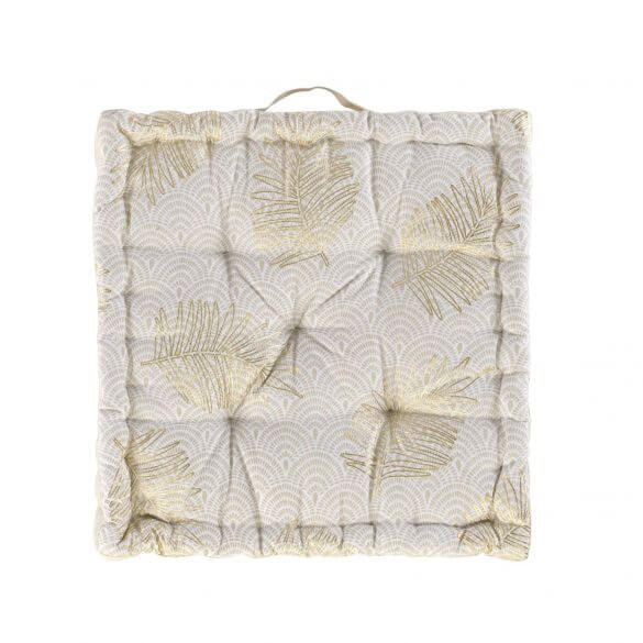 Coussin de sol garni - 45 x 45 cm x 10 cm - Motifs graphiques et feuillages dorés