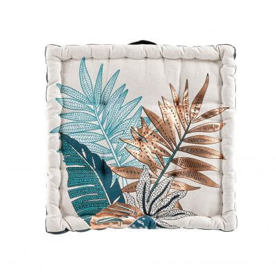 Coussin de sol garni - 45 x 45 cm x 10 cm - Feuillage - Beige, bleu et cuivre métallisé