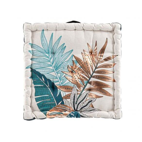 Coussin de sol garni - 45 x 45 cm x 10 cm - Feuillage - Beige, bleu et cuivre métallisé