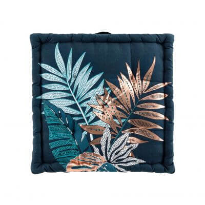 Coussin de sol garni - 60 x 60 cm x 10 cm - Feuillage - Bleu et cuivre métallisé