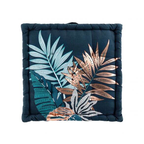 Coussin de sol garni - 60 x 60 cm x 10 cm - Feuillage - Bleu et cuivre métallisé