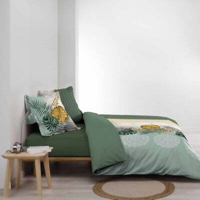 Housse de couette 240 x 220 cm + taies - Feuillages tropicales vert et beige