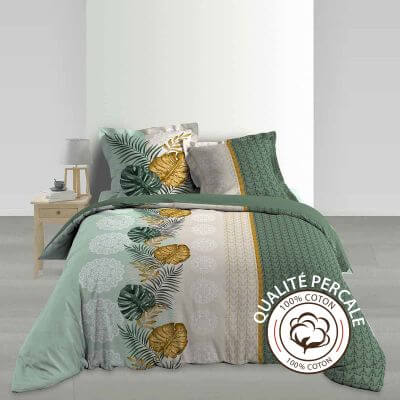 Housse de couette 240x220 vert foncé en coton TROPICAL