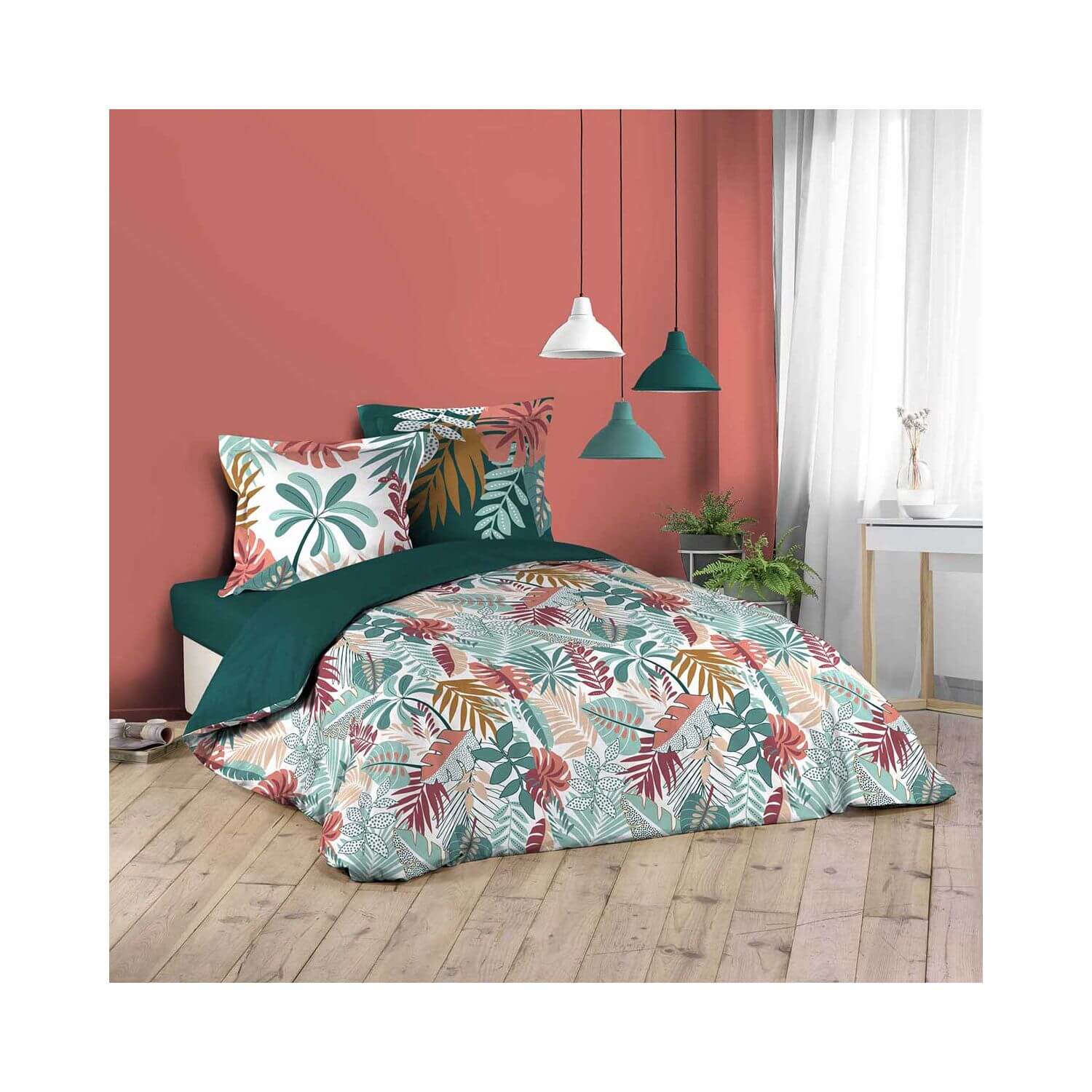 Housse de couette - 200 x 200 cm + taies - Feuillage coloré vert, rose