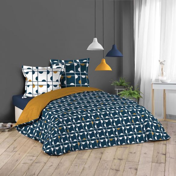 Housse de couette - 200 x 200 cm + taies - Motifs géométriques blanc, bleu et camel Housse de couette - 200 x 200 cm + taies - Motifs géométriques blanc, bleu et camel