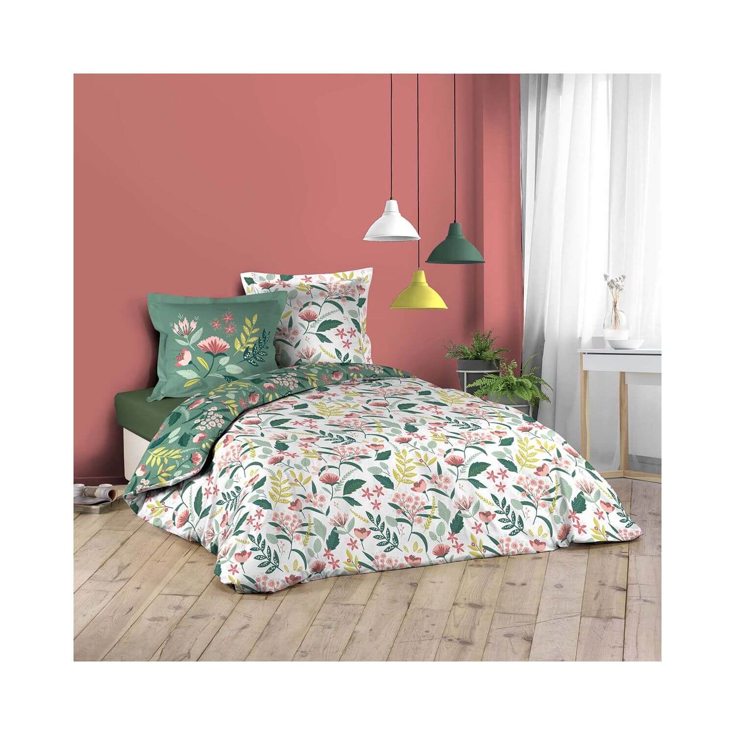 Housse de couette 240 x 220 cm + taies Fleurs Blanc, vert et rose