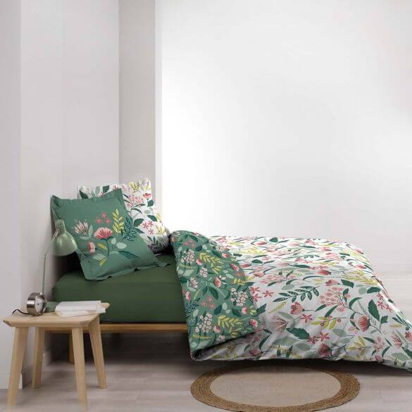 Housse de couette - 240 x 220 cm + taies - Fleurs - Blanc, vert et rose