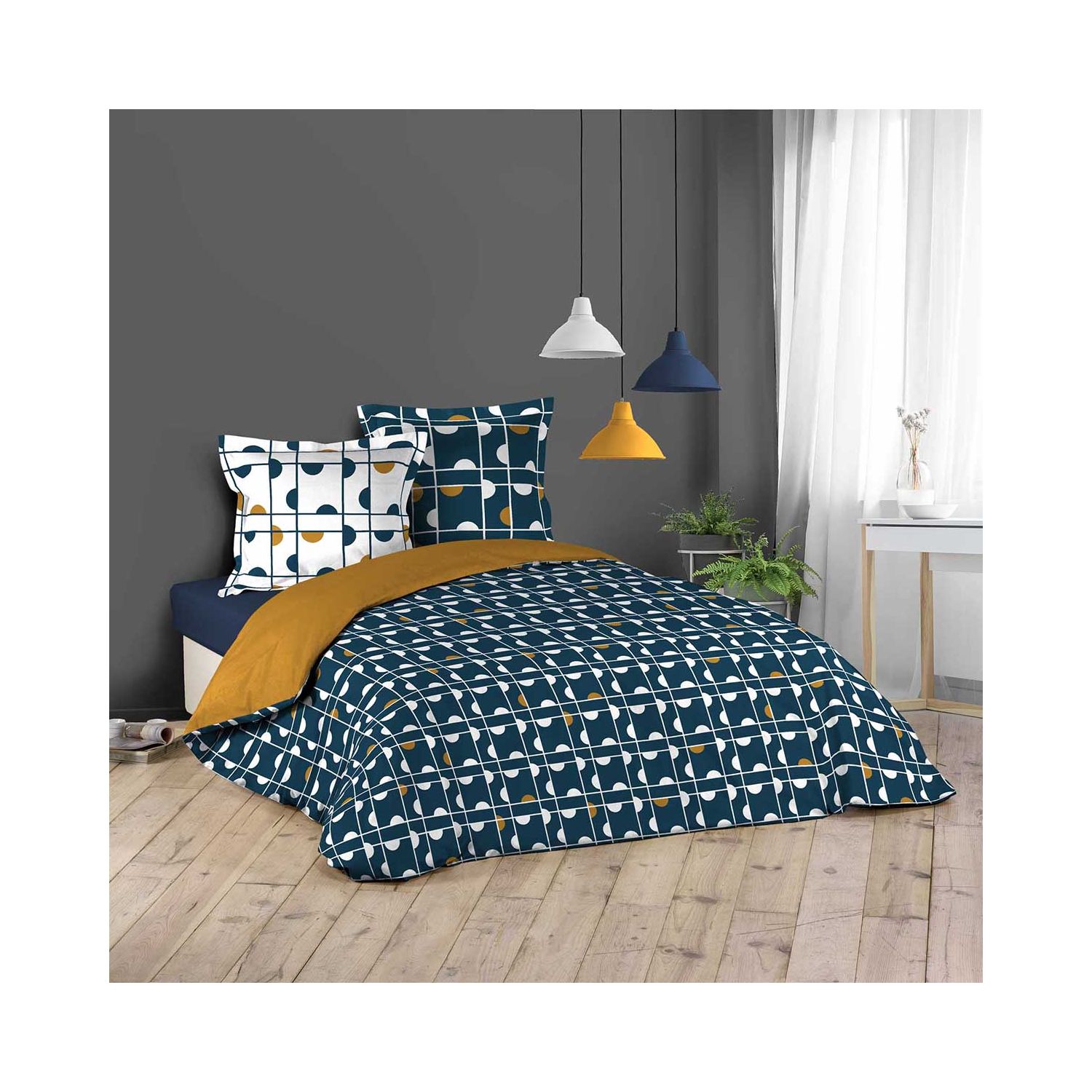 Housse de couette - 240 x 220 cm + taies - Motifs géométriques blanc, bleu et camel