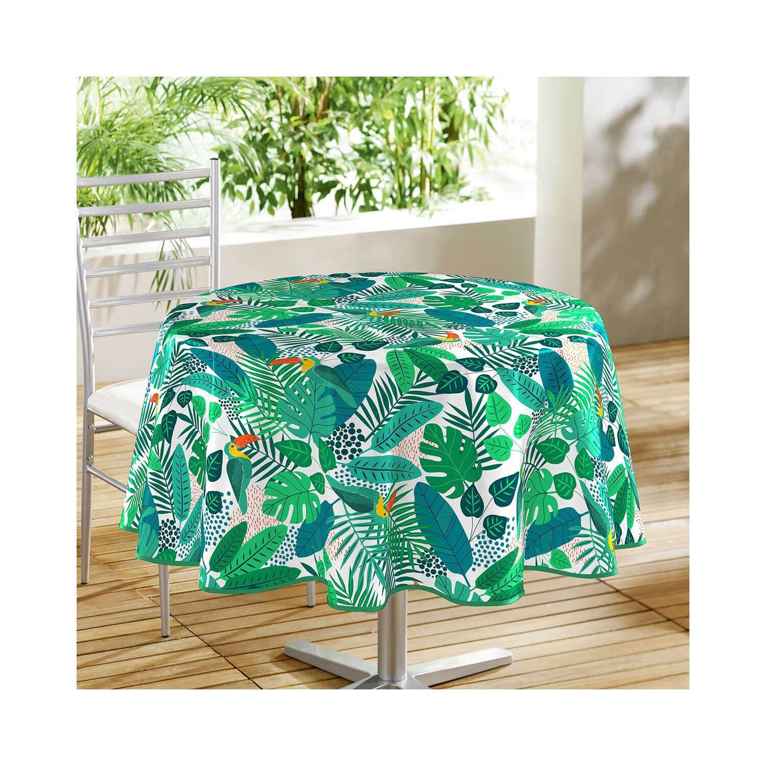 Nappe toile cirée ronde - Diamètre 160 cm - Motif tropical et toucan