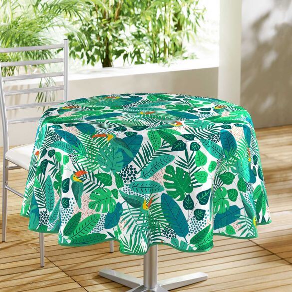 Nappe toile cirée ronde - Diamètre 160 cm - Motif tropical et toucan