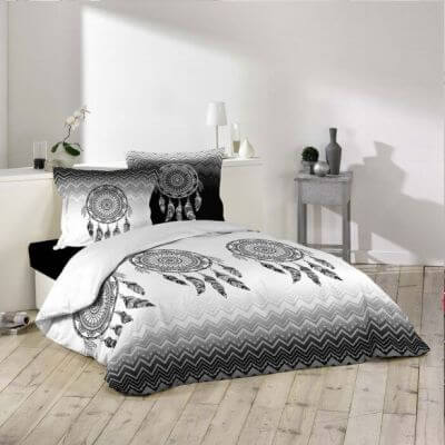 Lot : Housse de couette - 200 x 200 cm avec taies - Attrape-rêve monochrome + Drap housse Coloris noir– 90 x 190 cm - Coton - Fr