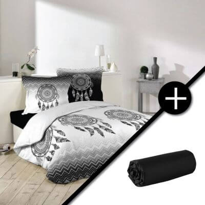 Lot : Housse de couette - 200 x 200 cm avec taies - Attrape-rêve monochrome + Drap housse Coloris noir– 90 x 190 cm - Coton - Fr