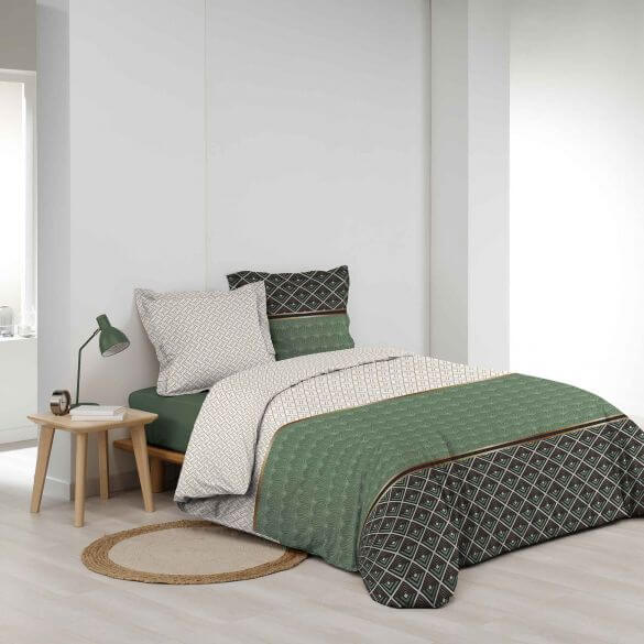 Housse de couette - 240 X 220 cm + taies - Percale 78 fils - Motifs graphiques blanc, vert et gris