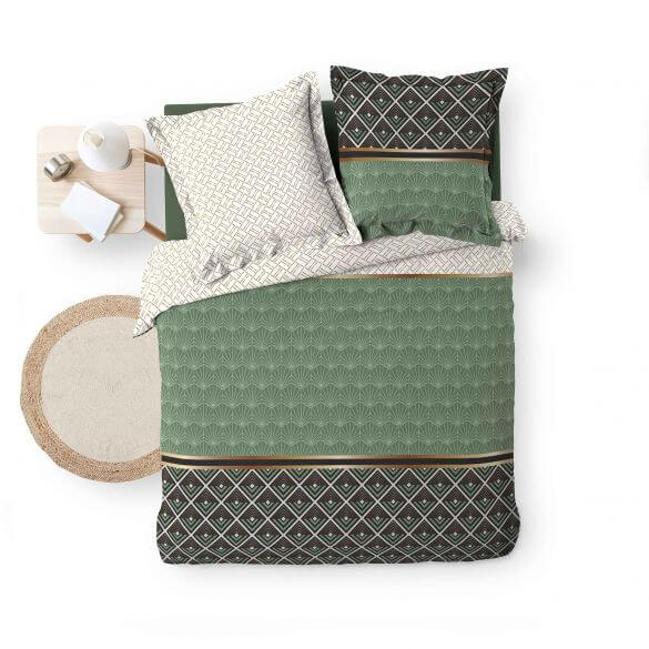 Housse de couette - 240 X 220 cm + taies - Percale 78 fils - Motifs graphiques blanc, vert et gris