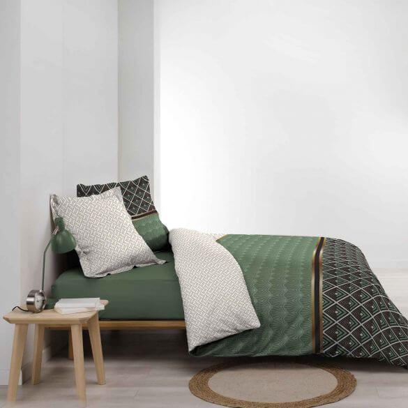 Housse de couette - 240 X 220 cm + taies - Percale 78 fils - Motifs graphiques blanc, vert et gris