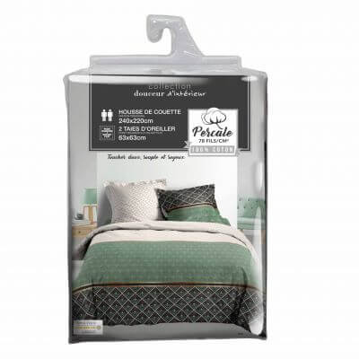 Housse de couette - 240 X 220 cm + taies - Percale 78 fils - Motifs graphiques blanc, vert et gris