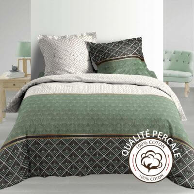 Housse de couette - 240 X 220 cm + taies - Percale 78 fils - Motifs graphiques blanc, vert et gris