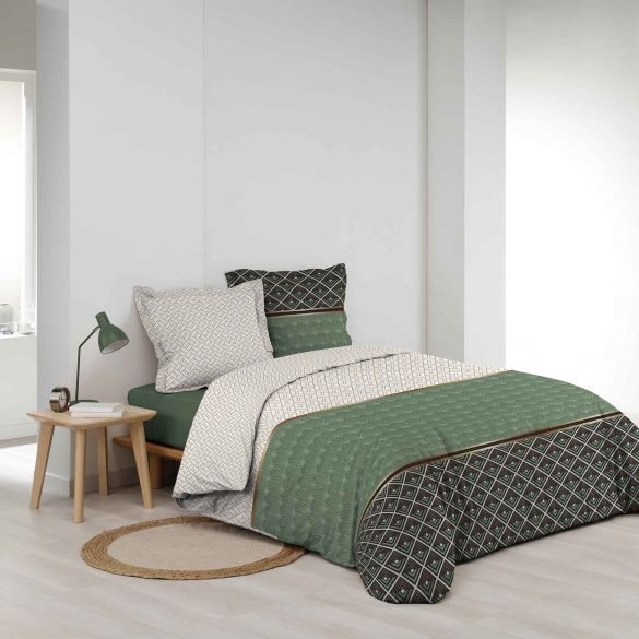 Housse de couette - 260 X 240 cm + taies - Percale 78 fils - Motifs graphiques blanc, vert et gris