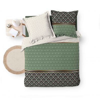 Housse de couette - 260 X 240 cm + taies - Percale 78 fils - Motifs graphiques blanc, vert et gris