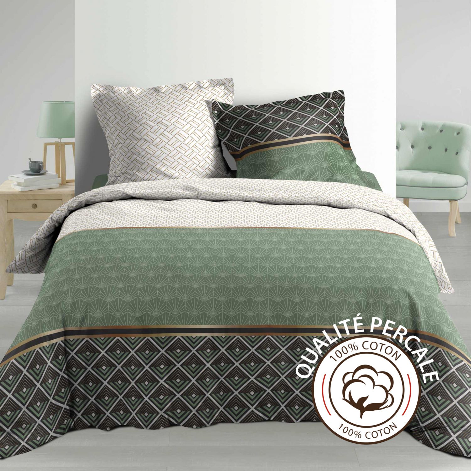 Housse de couette - 260 X 240 cm + taies - Percale 78 fils - Motifs graphiques blanc, vert et gris