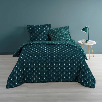 Housse de couette réversible - 200 x 200 cm + taies - 57 fils - Motifs graphiques verts 