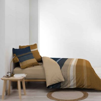 Housse de couette - 240 X 220 cm + taies - 57 fils - Rayures marine et camel