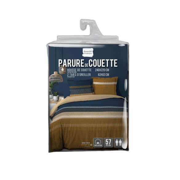 Housse de couette - 240 X 220 cm + taies - 57 fils - Rayures marine et camel