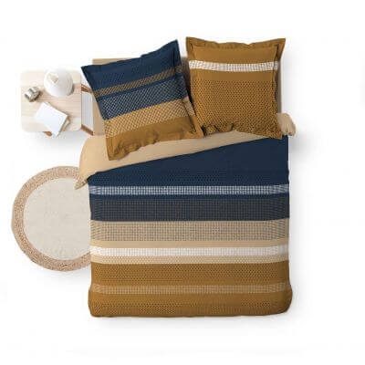 Housse de couette - 240 X 220 cm + taies - 57 fils - Rayures marine et camel