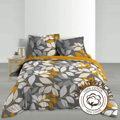 Housse de couette - 240 X 220 cm + taies - Percale 78 fils - Feuilles jaunes blanches et grises