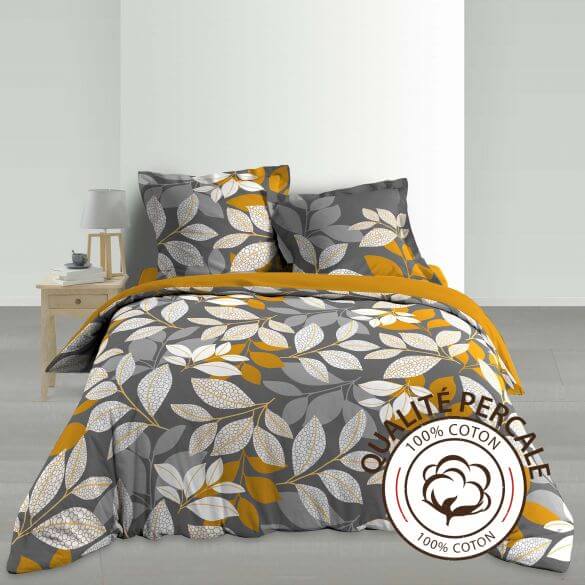 Housse de couette - 240 X 220 cm + taies - Percale 78 fils - Feuilles jaunes blanches et grises