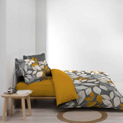 Housse de couette - 240 X 220 cm + taies - Percale 78 fils - Feuilles jaunes blanches et grises