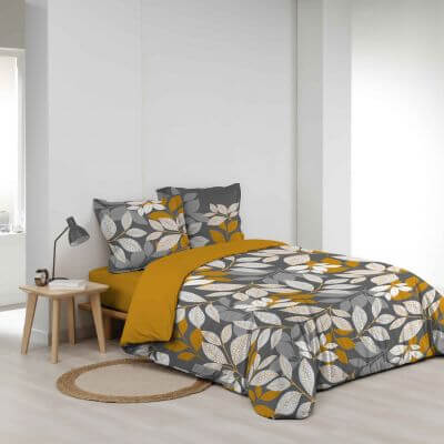 Housse de couette - 240 X 220 cm + taies - Percale 78 fils - Feuilles jaunes blanches et grises