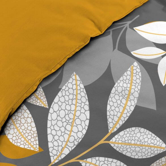 Housse de couette - 240 X 220 cm + taies - Percale 78 fils - Feuilles jaunes blanches et grises