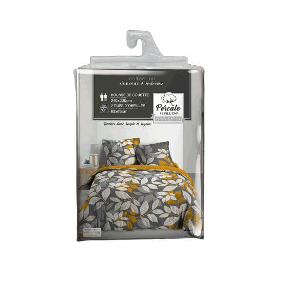 Housse de couette - 240 X 220 cm + taies - Percale 78 fils - Feuilles jaunes blanches et grises