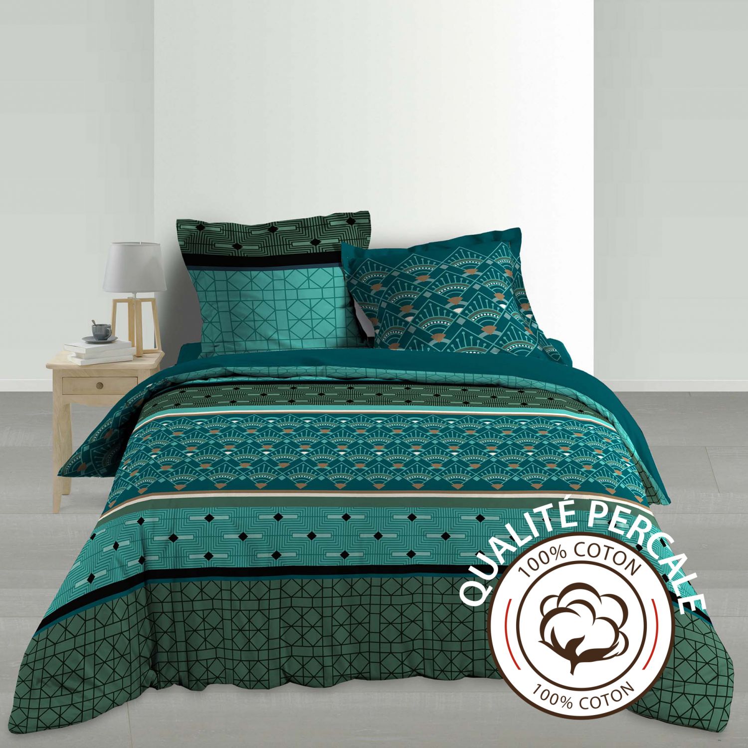 Housse de couette 260x240 + 2 taies Azul coton Percale 71 fils