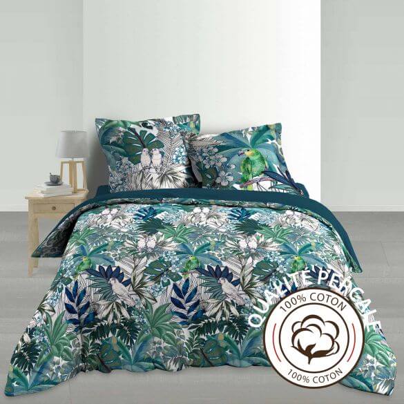 Housse de couette - 240 X 220 cm + taies - Percale 78 fils - Perrroquets et inséparables Housse de couette - 240 X 220 cm + taies - Percale 78 fils - Perrroquets et inséparables