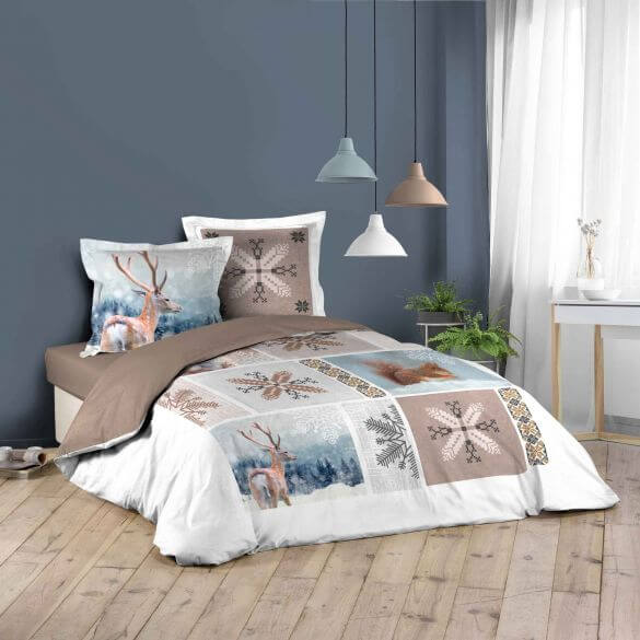 Housse de couette - 240 X 220 cm + taies - Cerf, Écureuil et flocons Housse de couette - 240 X 220 cm + taies - Cerf, Écureuil et flocons