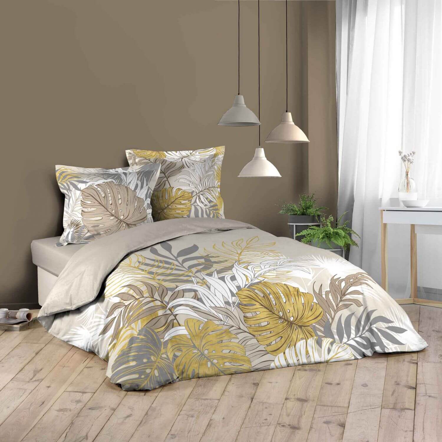Housse de couette 240 X 220 cm + taies Feuillage blanc, beige et doré