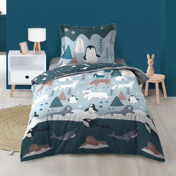 Housse de couette 140 x 200 cm + taie - 57 fils - Animaux sur la banquise Housse de couette 140 x 200 cm + taie - 57 fils - Animaux sur la banquise