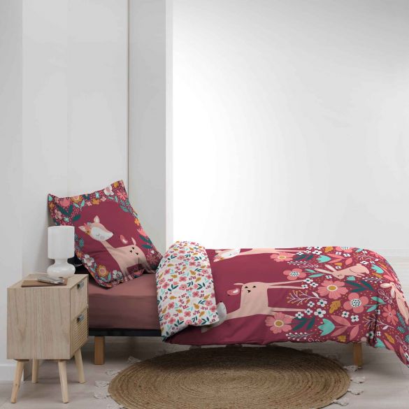 Housse de couette 140 x 200 cm + taie - 57 fils - Biches, Lapinset fleurs