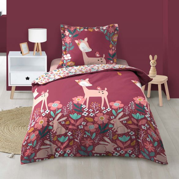 Housse de couette 140 x 200 cm + taie - 57 fils - Biches, Lapinset fleurs Housse de couette 140 x 200 cm + taie - 57 fils - Biches, Lapinset fleurs