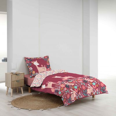 Housse de couette 140 x 200 cm + taie - 57 fils - Biches, Lapinset fleurs