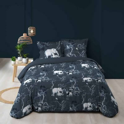 Housse de couette - 240 x 220 cm + taies - 57 fils - Elephants, lions, singes dans la savane